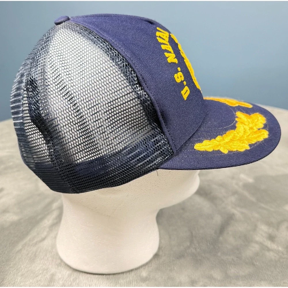 Vintage US Naval Academy Snapback Trucker Hat Navy Blue Mesh Crest Logo